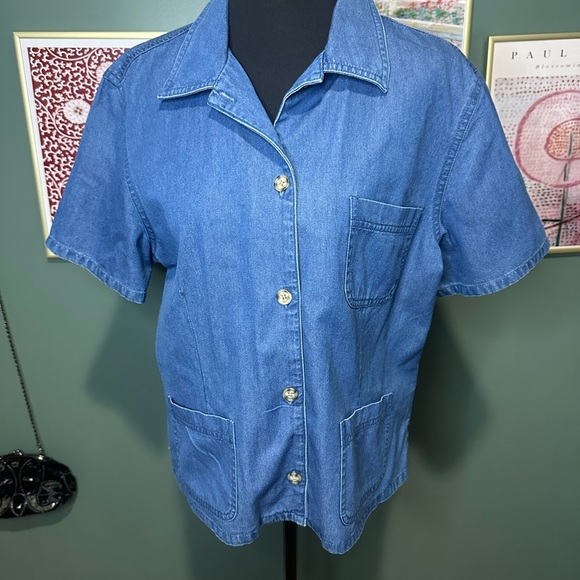 Vintage Talbots Blue Denim Button-Up Shirt Size 14 😻 - Picture 1 of 4